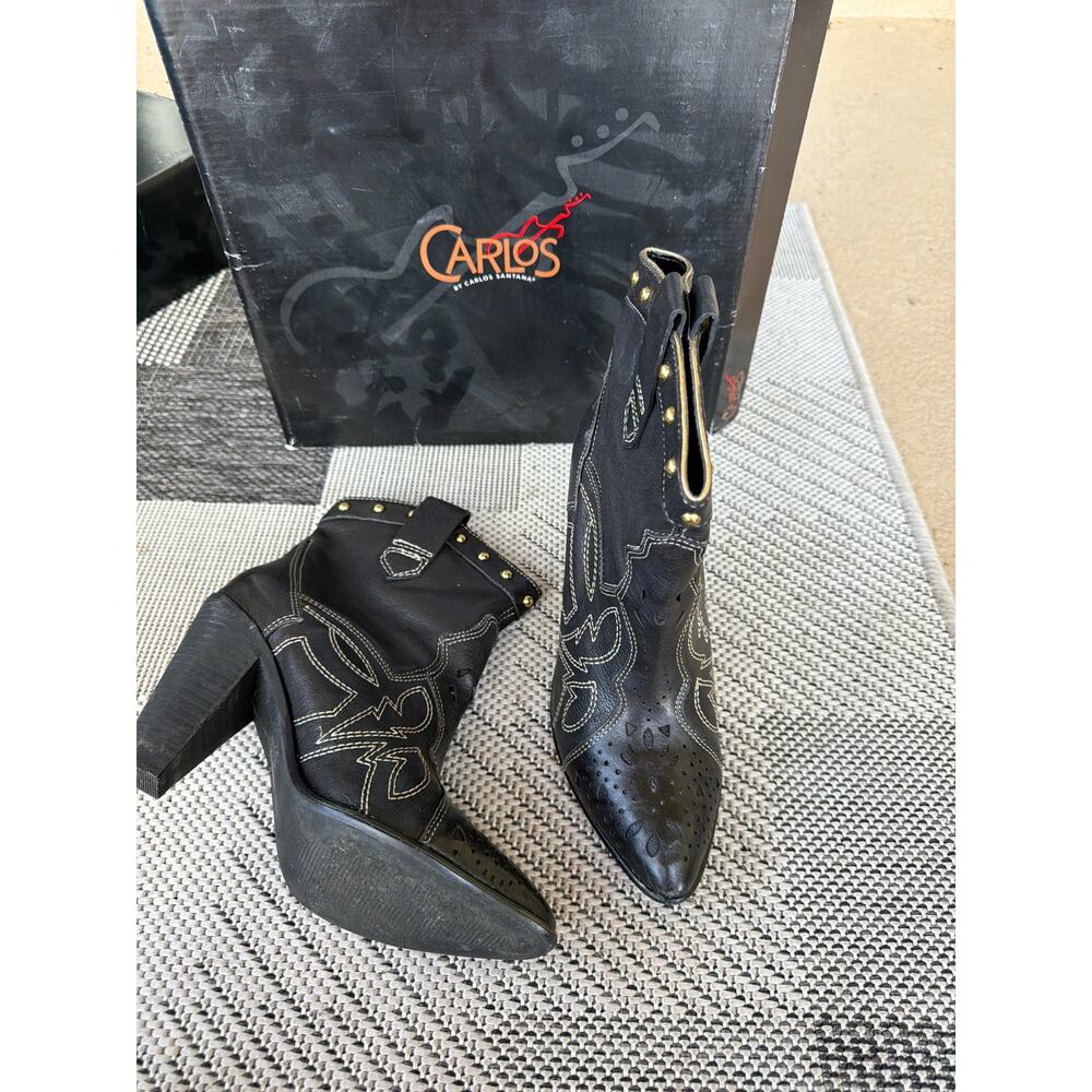 CARLOS Santana Western Boots Womens 8M Black Pointed Toe Heeled Leather Studded